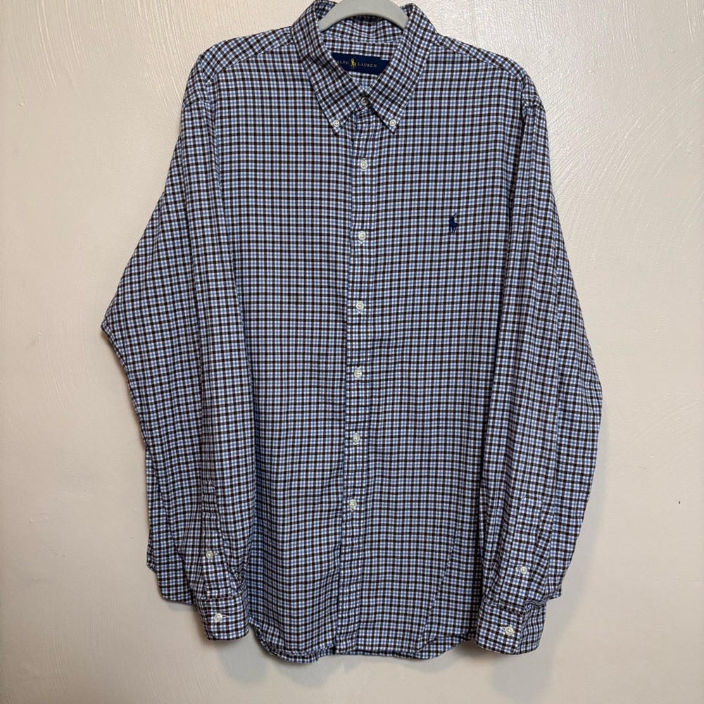 Ralph Lauren‎ Mens Shirt Long Sleeve Button Down Plaid Brown Blue Size XXL